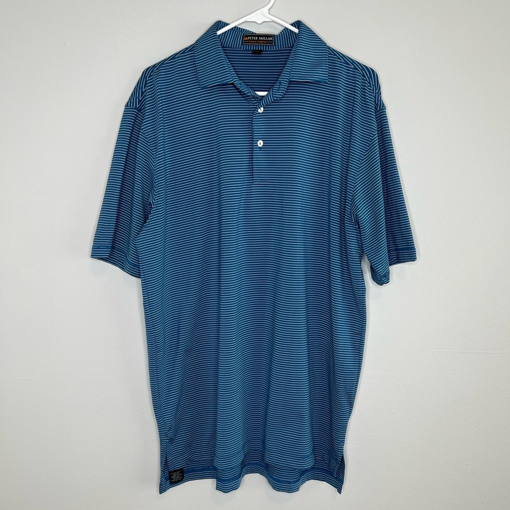 Peter Millar Summer Comfort Men’s Blue Pink Stripe Polo Shirt Large Golf Active